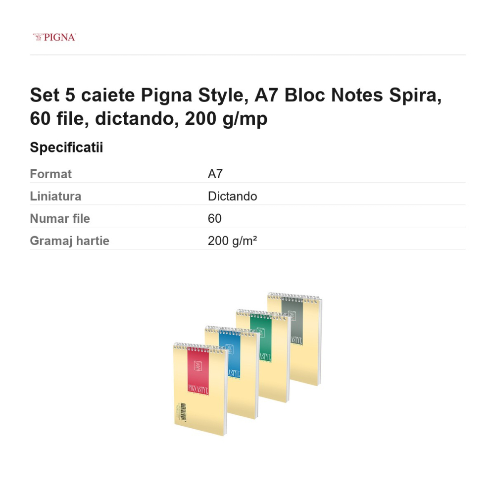 Set 5 blocuri notes Pigna Style, A7, 60 file, dictando, 200 g/mp, spira [3]