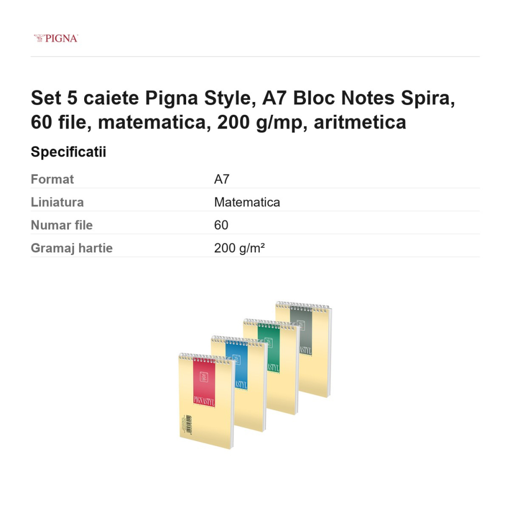 Set 5 blocuri notes Pigna Style, A7, 60 file, matematica, 200 g/mp, spira aritmetica [3]