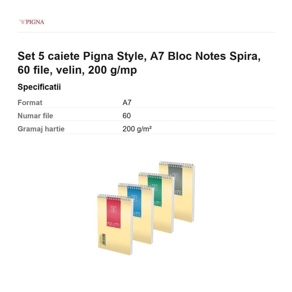 Set 5 blocuri notes Pigna Style, A7, 60 file, velin, 200 g/mp, spira [3]
