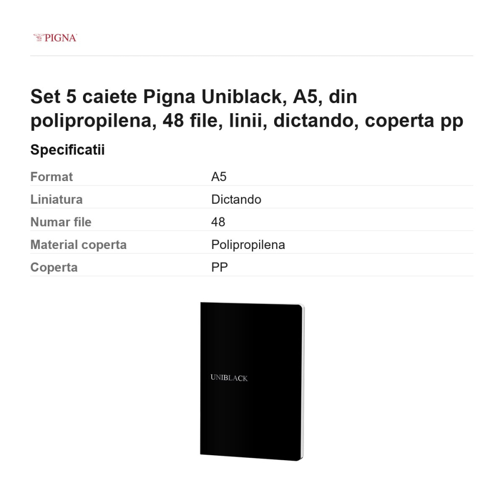 Set 5 caiete Pigna Uniblack, A5, din polipropilena, 48 file, linii, dictando, coperta pp [3]