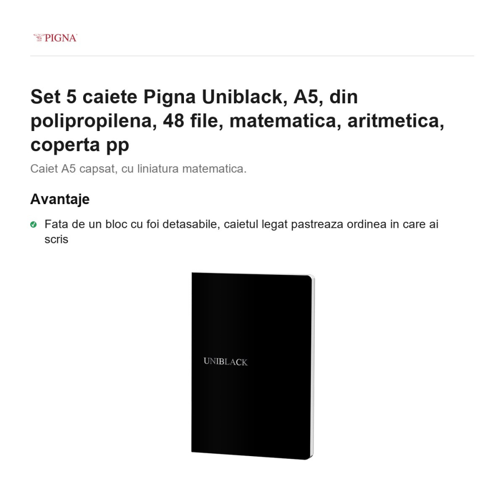 Set 5 caiete Pigna Uniblack, A5, din polipropilena, 48 file, matematica, aritmetica, coperta pp [2]