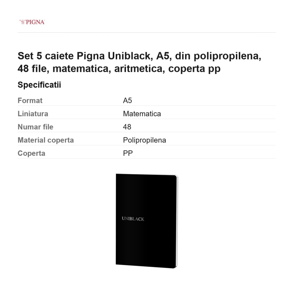 Set 5 caiete Pigna Uniblack, A5, din polipropilena, 48 file, matematica, aritmetica, coperta pp [3]