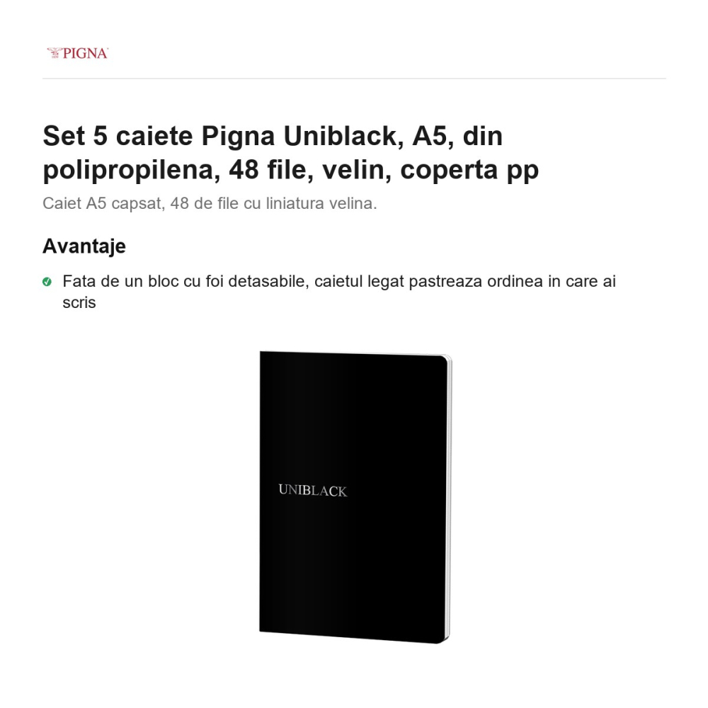 Set 5 caiete Pigna Uniblack, A5, din polipropilena, 48 file, velin, coperta pp [2]