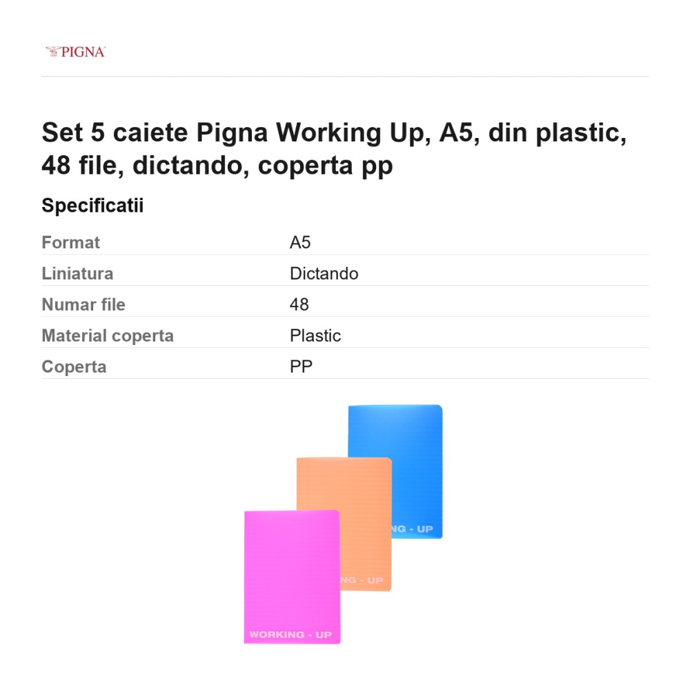 Set 5 caiete Pigna Working Up, A5, din plastic, 48 file, dictando, coperta pp [3]