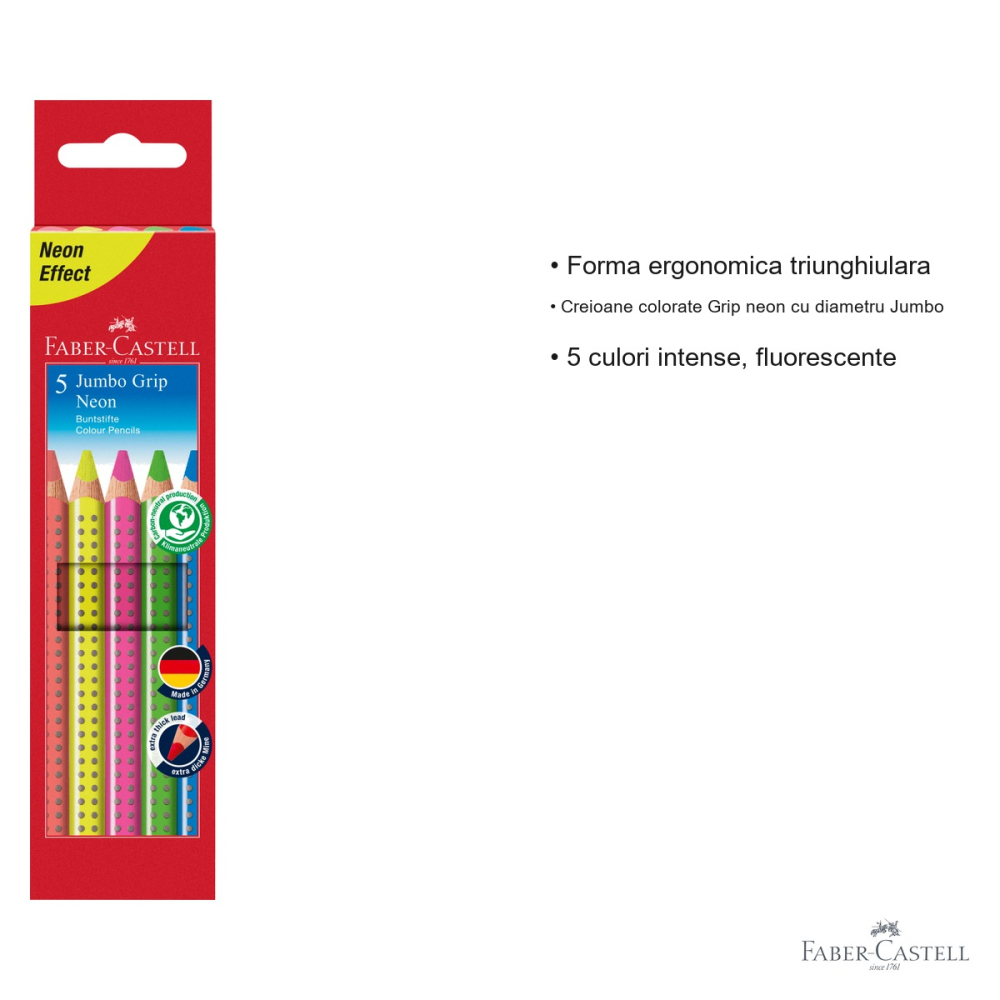 Set 5 creioane colorate neon Jumbo Grip Faber-Castell, mina groasa fluorescenta, pentru copii [3]
