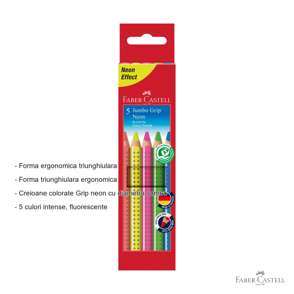Set 5 creioane colorate neon Jumbo Grip Faber-Castell, mina groasa fluorescenta, pentru copii [2]
