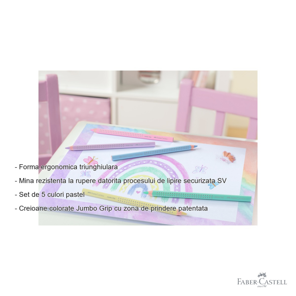 Set 5 creioane colorate pastel Jumbo Grip Faber-Castell, forma ergonomica triunghiulara, pentru copii [2]