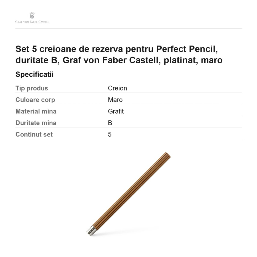 Set 5 creioane de rezerva pentru Perfect Pencil, duritate B, Graf von Faber Castell, platinat, maro [3]