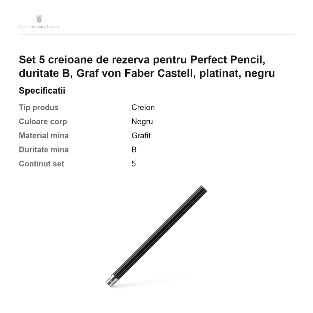 Set 5 creioane de rezerva pentru Perfect Pencil, duritate B, Graf von Faber Castell, platinat, negru [3]