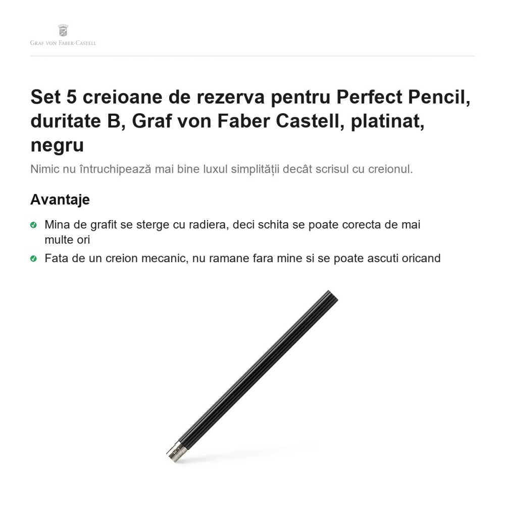 Set 5 creioane de rezerva pentru Perfect Pencil, duritate B, Graf von Faber Castell, platinat, negru [2]