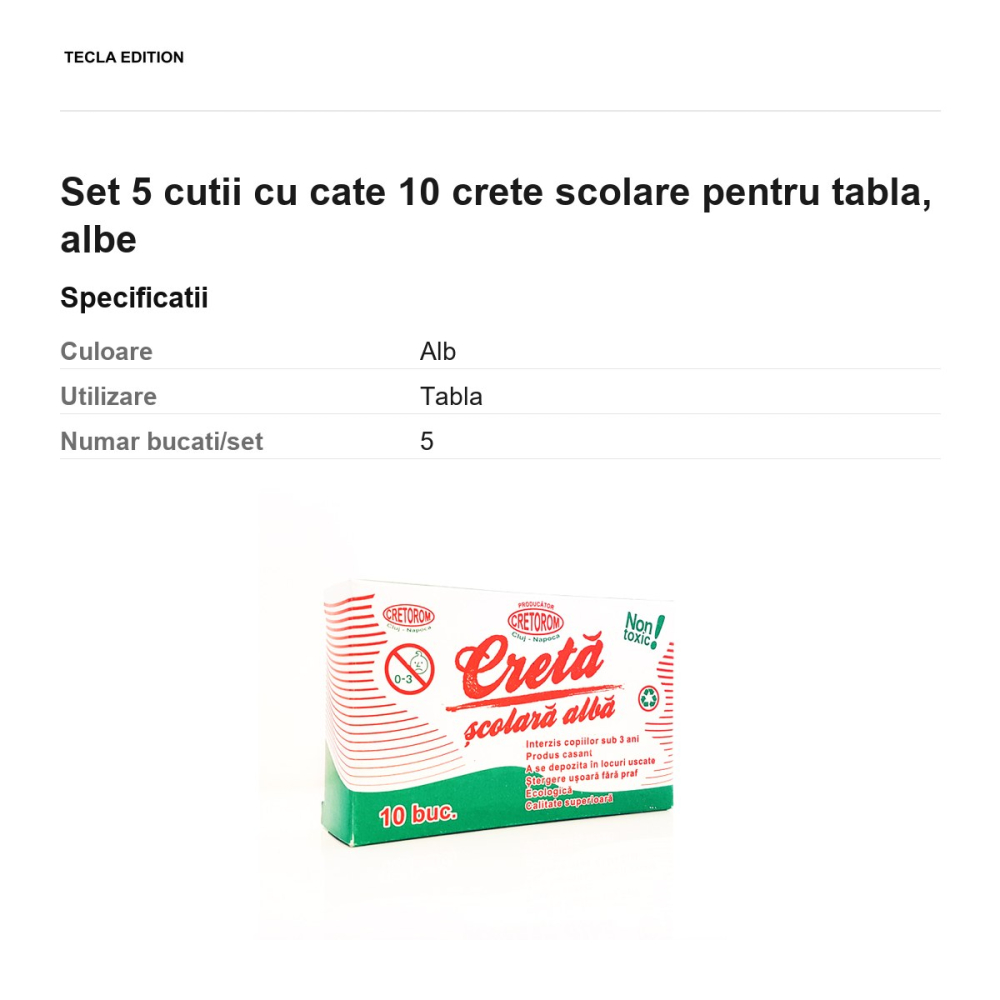 Set 5 cutii cu cate 10 crete scolare pentru tabla, albe [3]