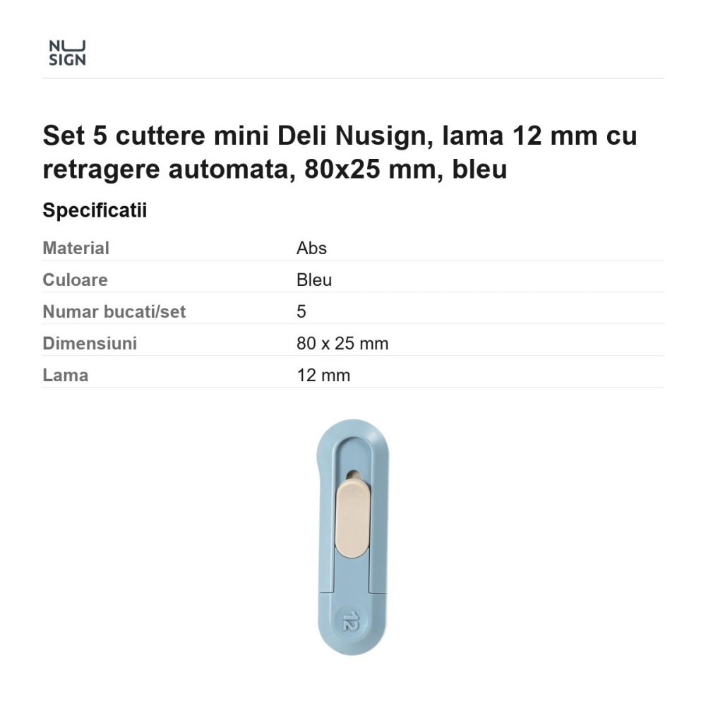 Set 5 cuttere mini Deli Nusign, lama 12 mm cu retragere automata, 80x25 mm, bleu [3]
