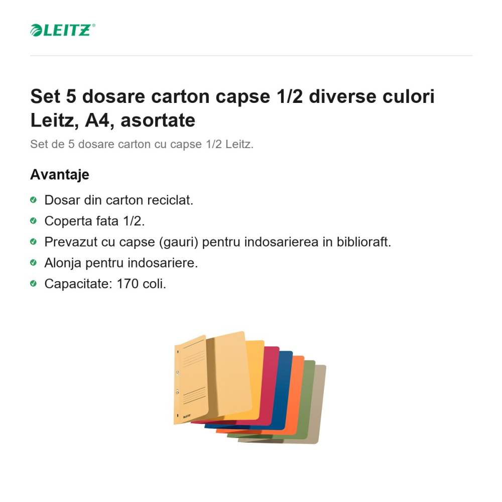 Set 5 dosare carton capse 1/2 diverse culori Leitz, A4, asortate [2]