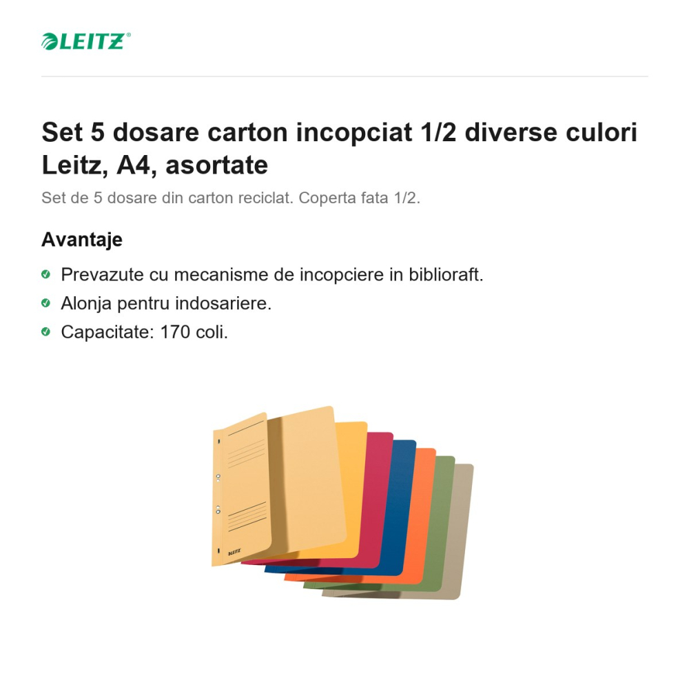 Set 5 dosare carton incopciat 1/2 diverse culori Leitz, A4, asortate [2]