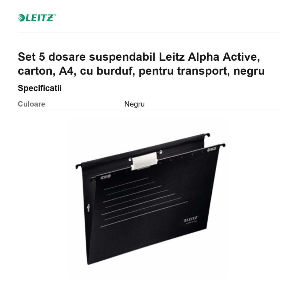 Set 5 dosare suspendabil Leitz Alpha Active, carton, A4, cu burduf, pentru transport, negru [3]