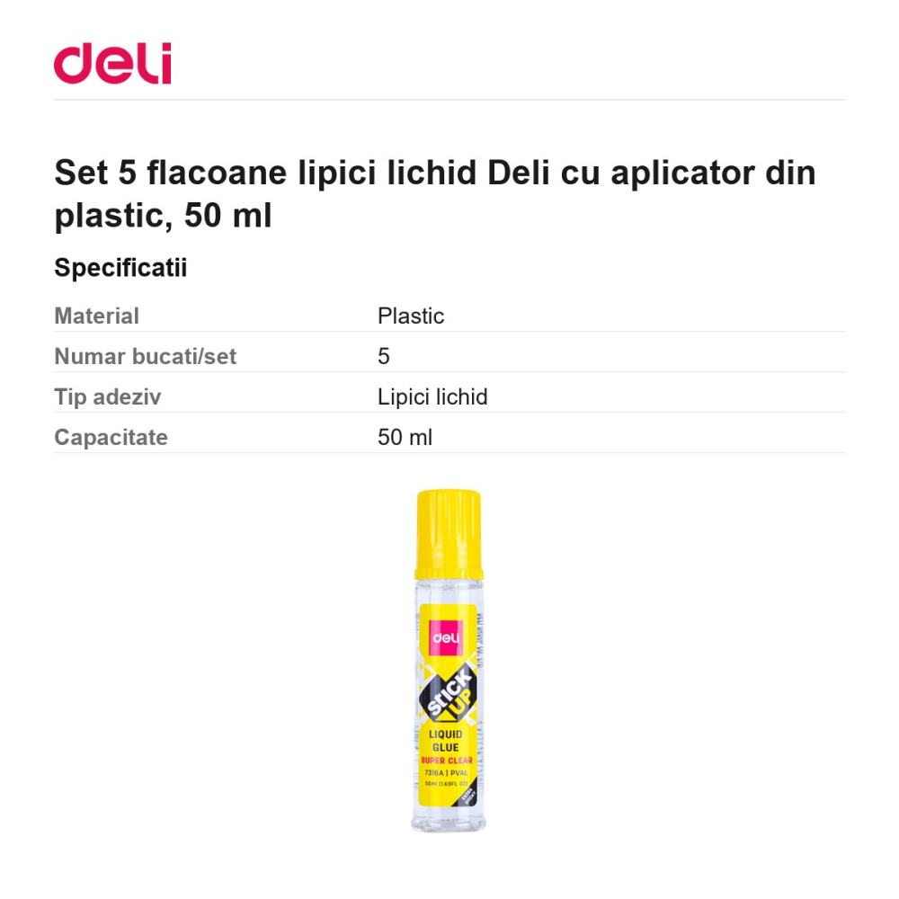 Set 5 flacoane lipici lichid Deli cu aplicator din plastic, 50 ml [3]