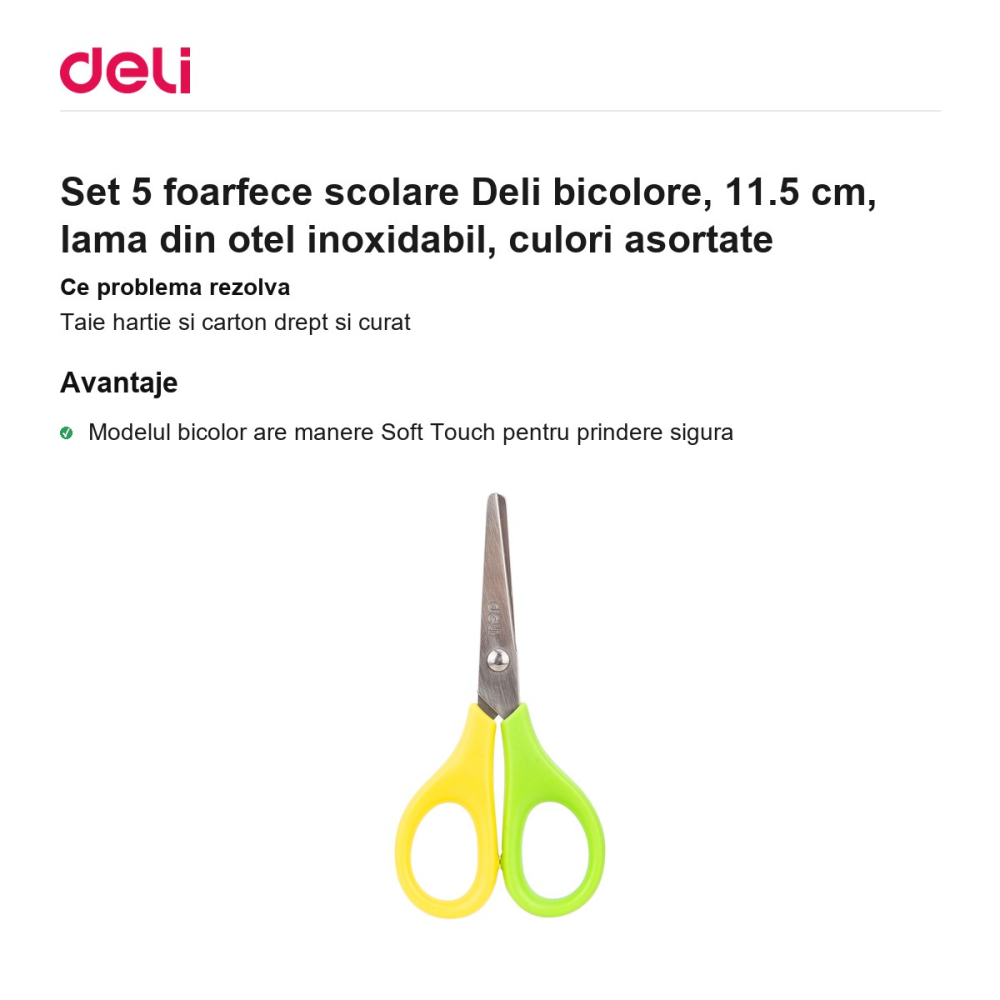 Set 5 foarfece scolare Deli bicolore, 11.5 cm, lama din otel inoxidabil, culori asortate [2]