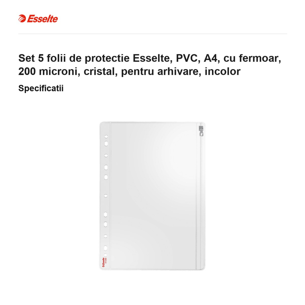 Set 5 folii de protectie Esselte, PVC, A4, cu fermoar, 200 microni, cristal, pentru arhivare, incolor [3]