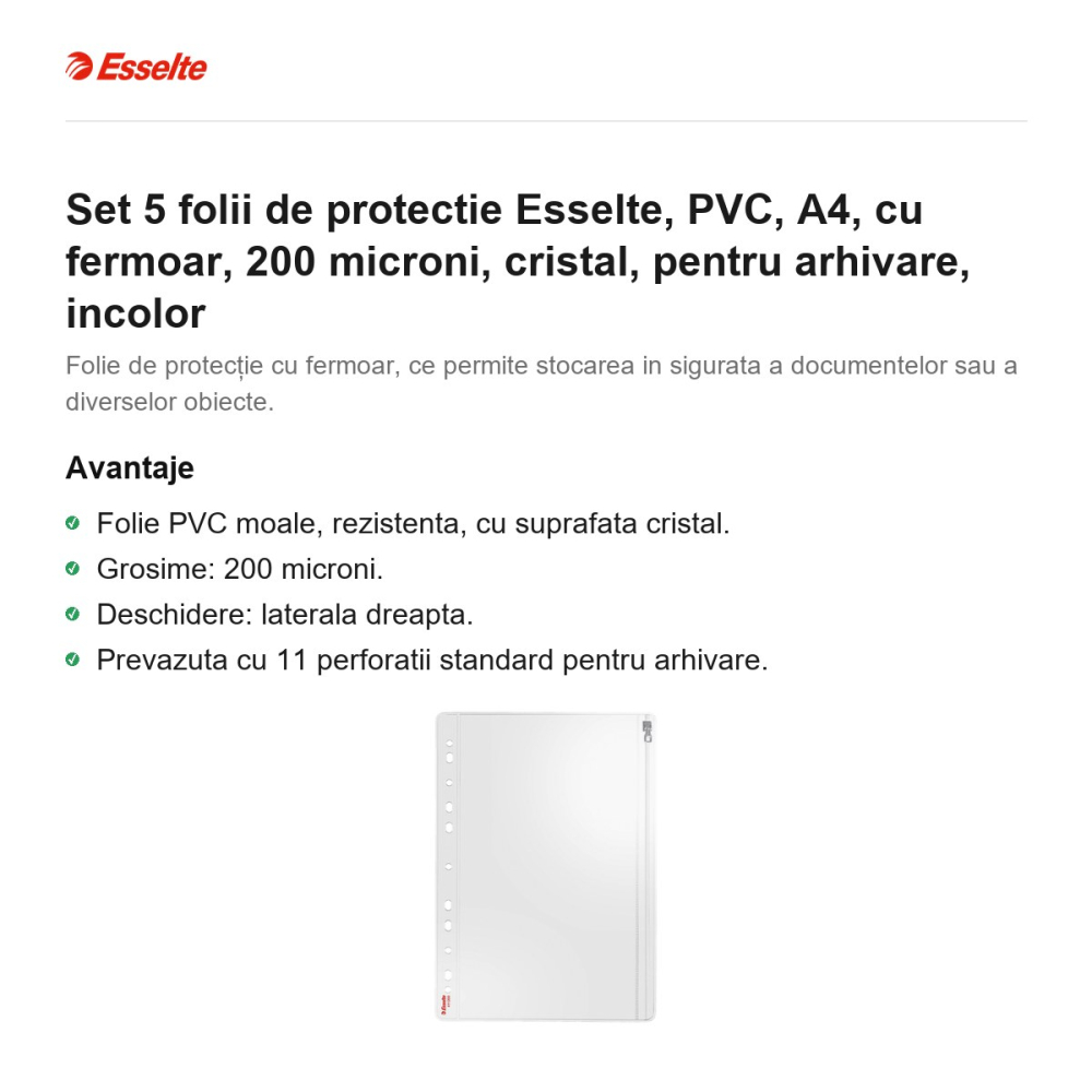 Set 5 folii de protectie Esselte, PVC, A4, cu fermoar, 200 microni, cristal, pentru arhivare, incolor [2]
