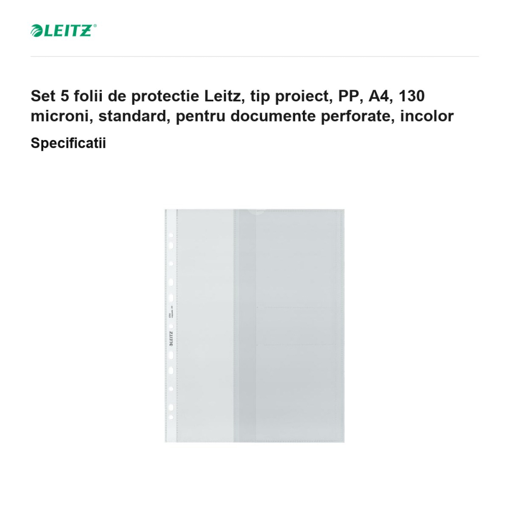 Set 5 folii de protectie Leitz, tip proiect, PP, A4, 130 microni, standard, pentru documente perforate, incolor [3]