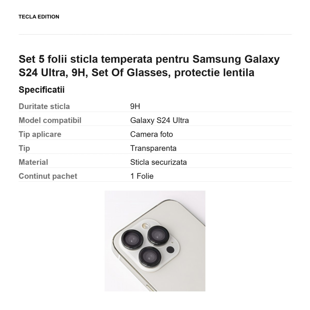 Set 5 folii sticla temperata pentru Samsung Galaxy S24 Ultra, 9H, Set Of Glasses, protectie lentila [3]