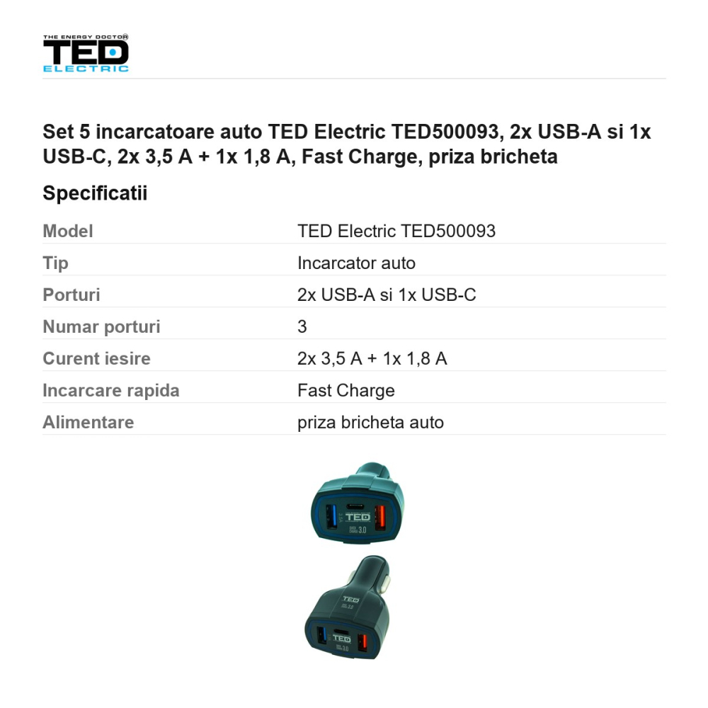 Set 5 incarcatoare auto TED Electric TED500093, 2x USB-A si 1x USB-C, 2x 3,5 A + 1x 1,8 A, Fast Charge, priza bricheta [3]