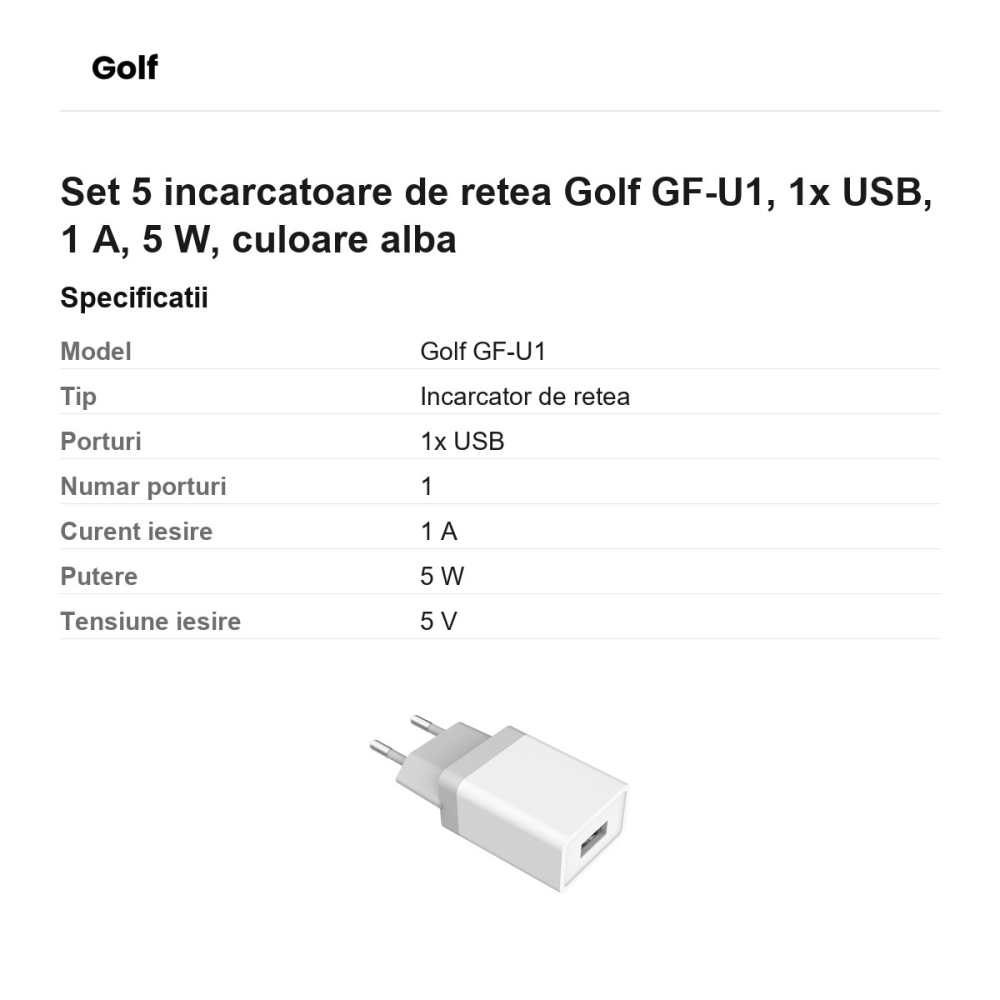 Set 5 incarcatoare de retea Golf GF-U1, 1x USB, 1 A, 5 W, culoare alba [3]
