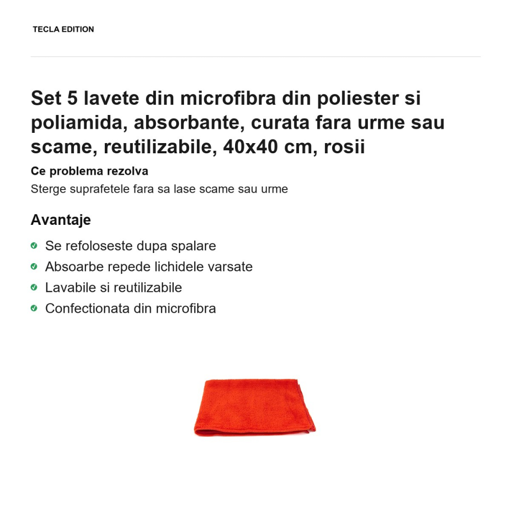 Set 5 lavete din microfibra din poliester si poliamida, absorbante, curata fara urme sau scame, reutilizabile, 40x40 cm, rosii [2]