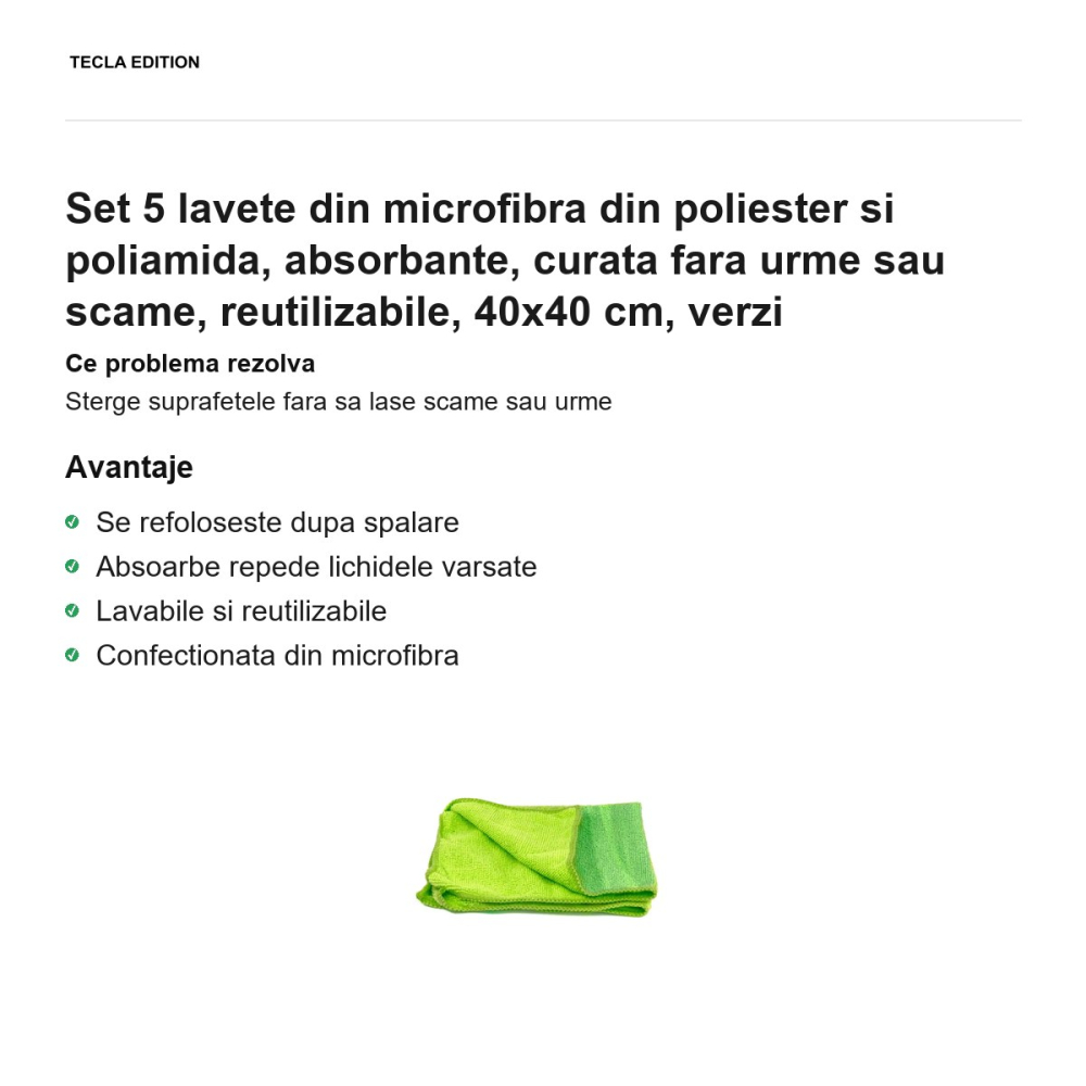 Set 5 lavete din microfibra din poliester si poliamida, absorbante, curata fara urme sau scame, reutilizabile, 40x40 cm, verzi [2]