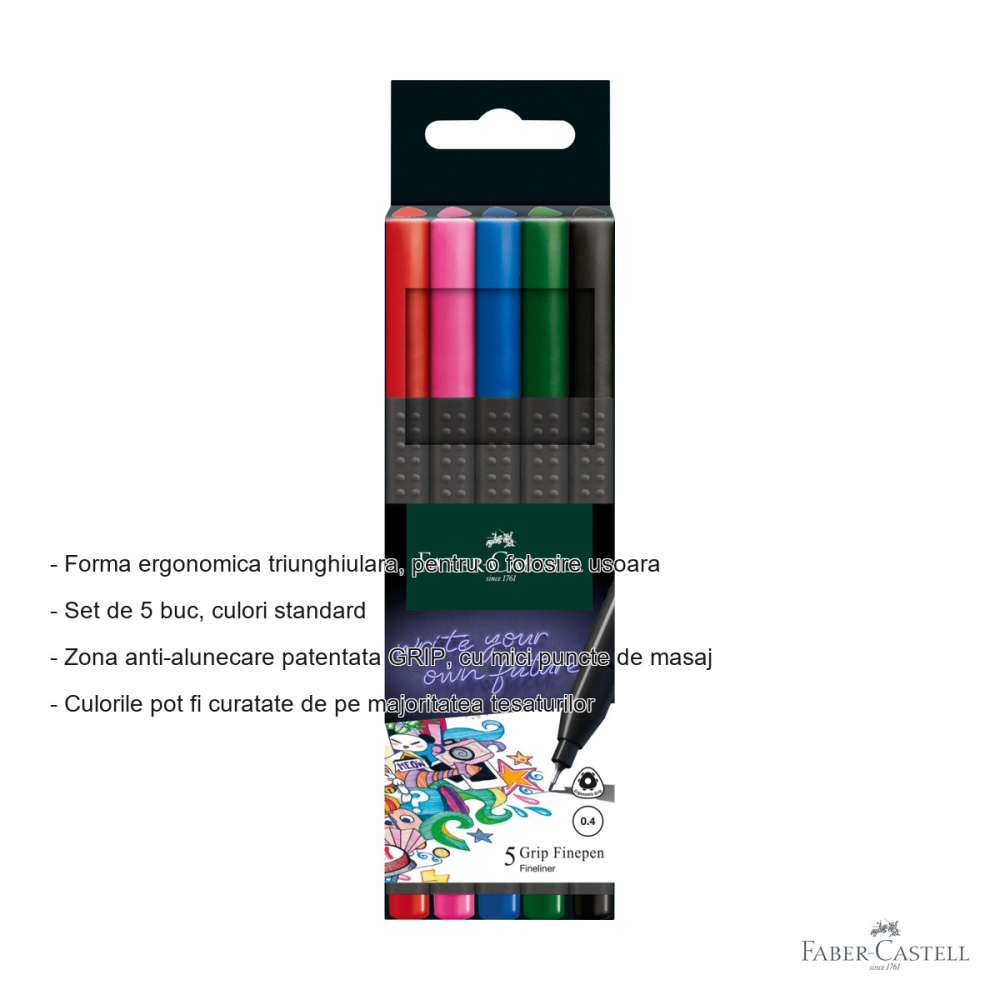 Set 5 linere 0.4mm Faber-Castell Basic Grip, varf fin, forma ergonomica triunghiulara, culori standard [2]