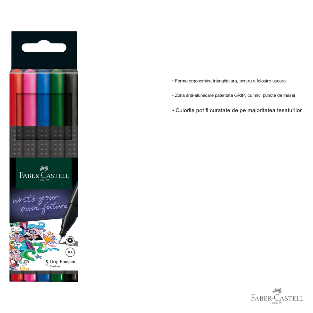 Set 5 linere 0.4mm Faber-Castell Basic Grip, varf fin, forma ergonomica triunghiulara, culori standard [3]