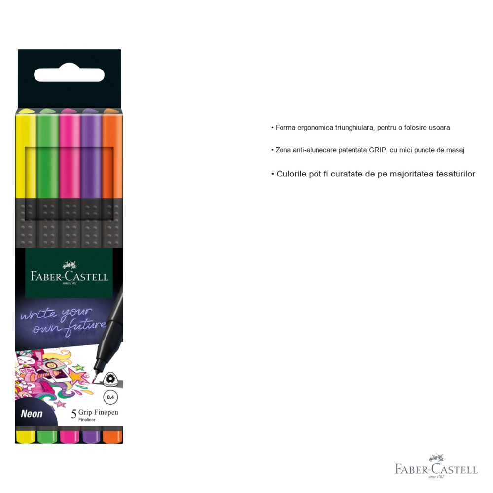 Set 5 linere neon Faber-Castell Grip 0.4mm, varf fin, forma ergonomica triunghiulara [3]
