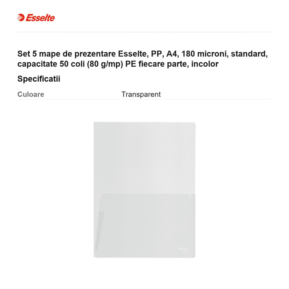 Set 5 mape de prezentare Esselte, PP, A4, 180 microni, standard, capacitate 50 coli (80 g/mp) PE fiecare parte, incolor [3]