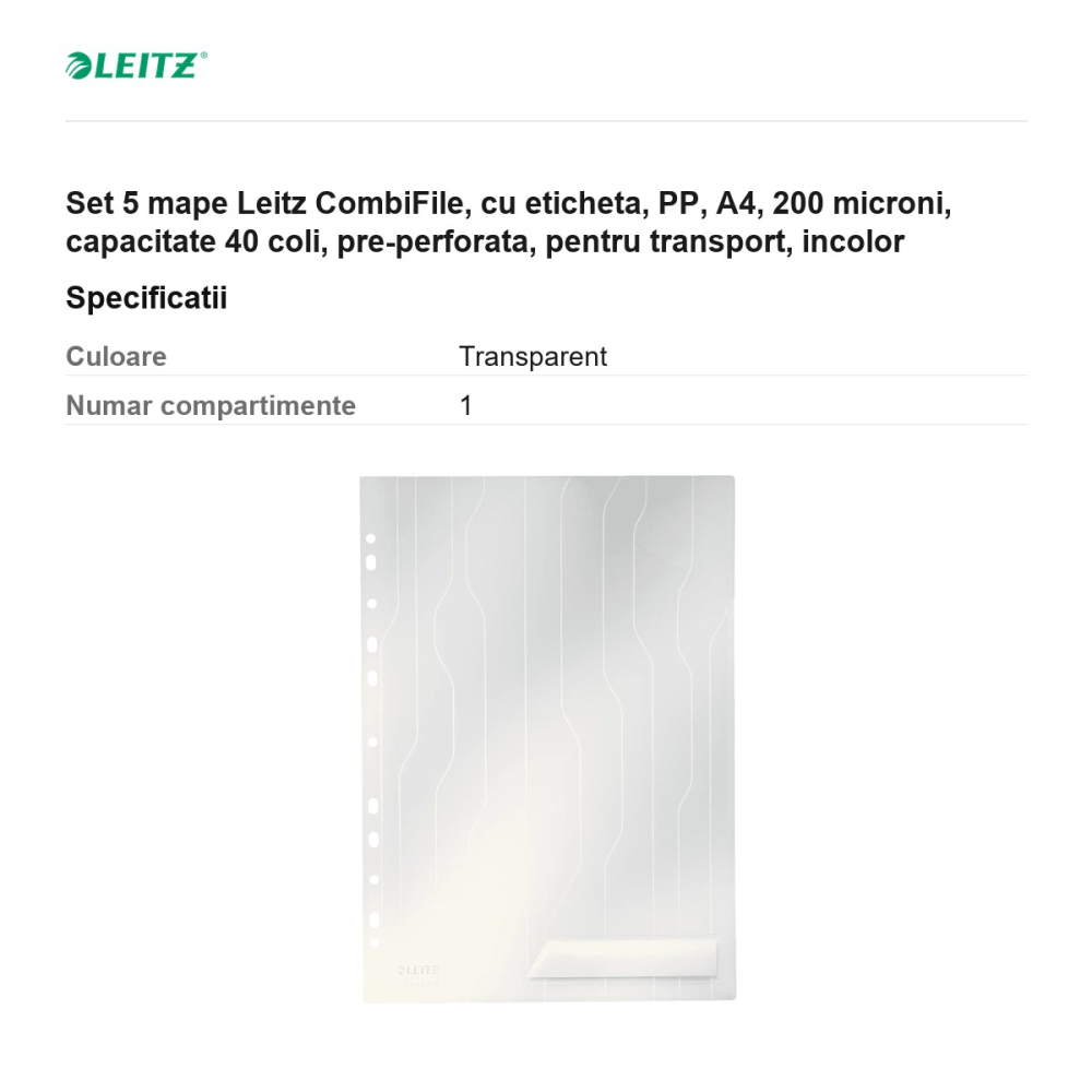 Set 5 mape Leitz CombiFile, cu eticheta, PP, A4, 200 microni, capacitate 40 coli, pre-perforata, pentru transport, incolor [3]