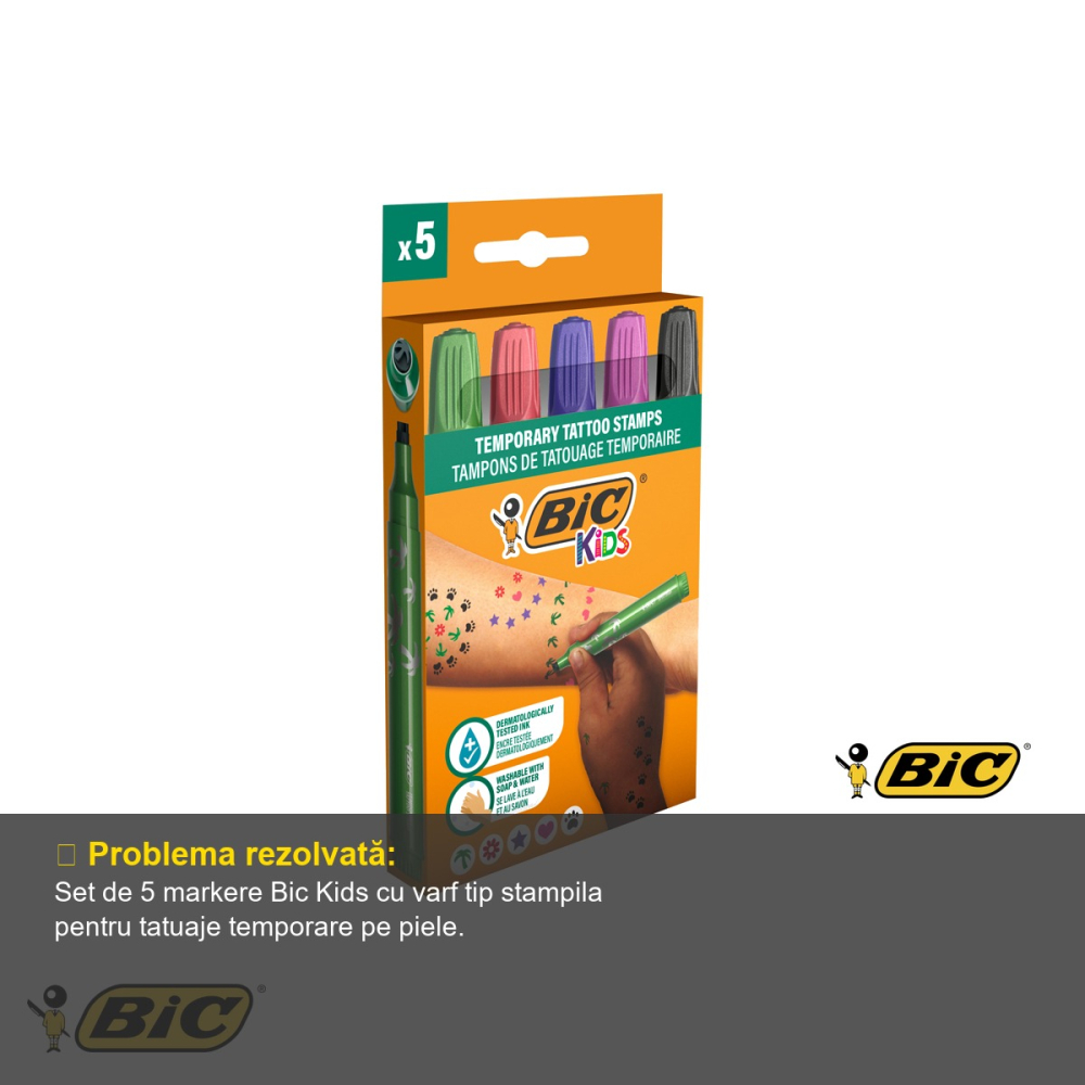 Set 5 markere cu varf tip stampila Bic Kids, cerneala testata dermatologic, pentru tatuaje temporare copii [4]