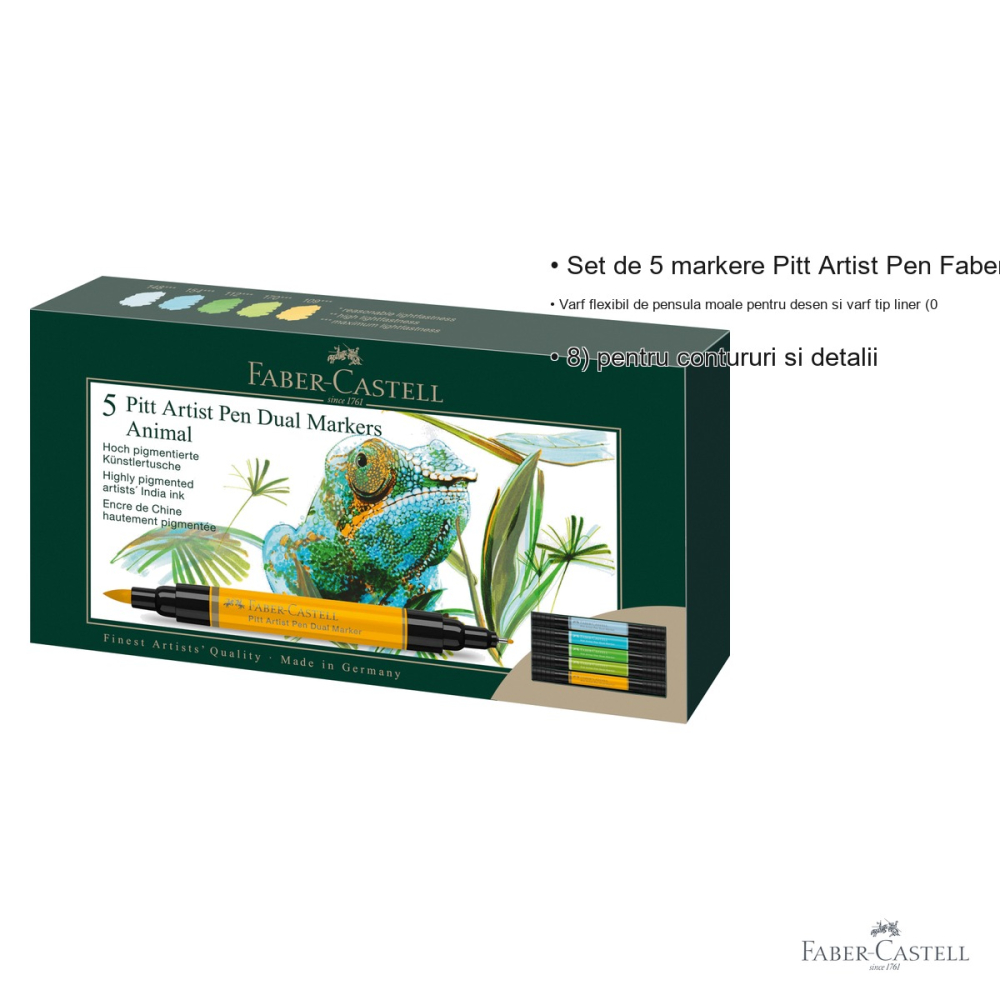 Set 5 markere Faber-Castell Pitt Artist Pen Dual, varf pensula si liner, tema Animals, pentru ilustratie si desen [3]