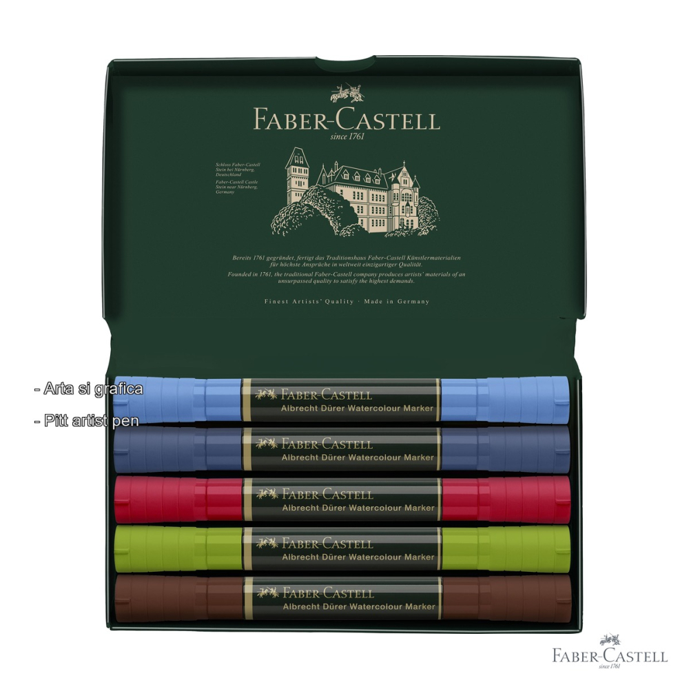 Set 5 markere solubile dublu varf Faber-Castell A.Durer, pensula si fetru, pentru schite si acuarela [2]