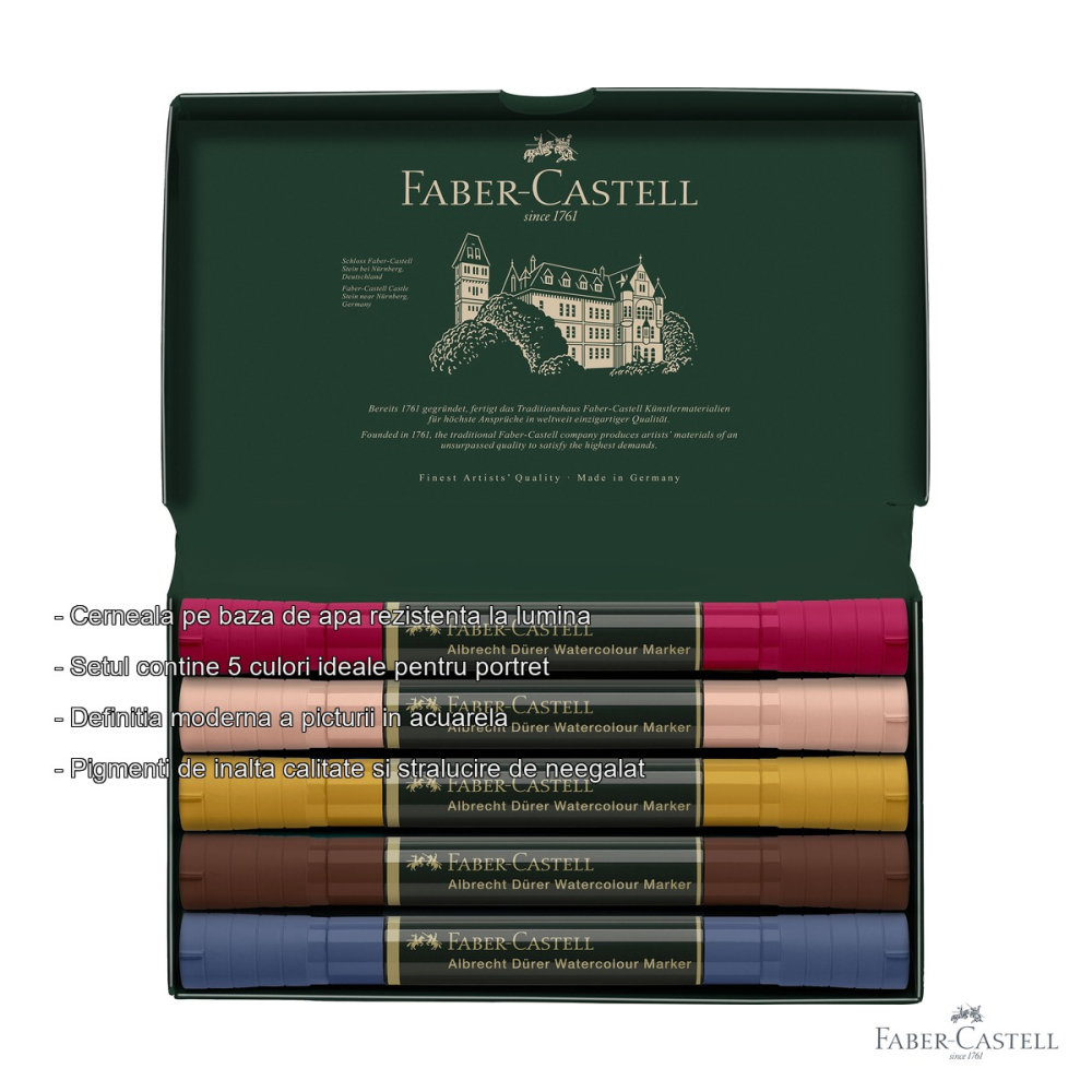 Set 5 markere solubile Faber-Castell Pitt Artist Pen, varf dublu pensula si fetru, culori pentru portret [2]