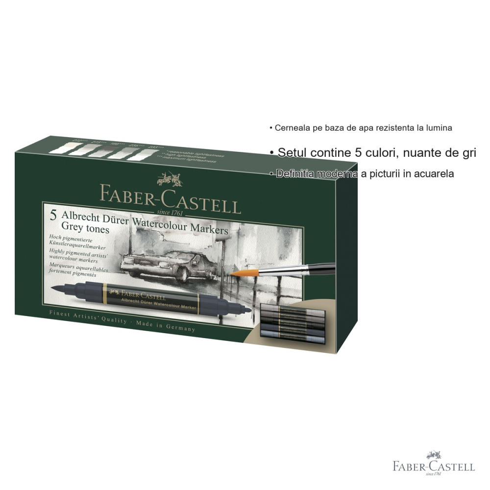 Set 5 markere solubile tonuri de gri Faber-Castell A.Durer, varf dublu pensula si carioca, pentru acuarela si schite [3]