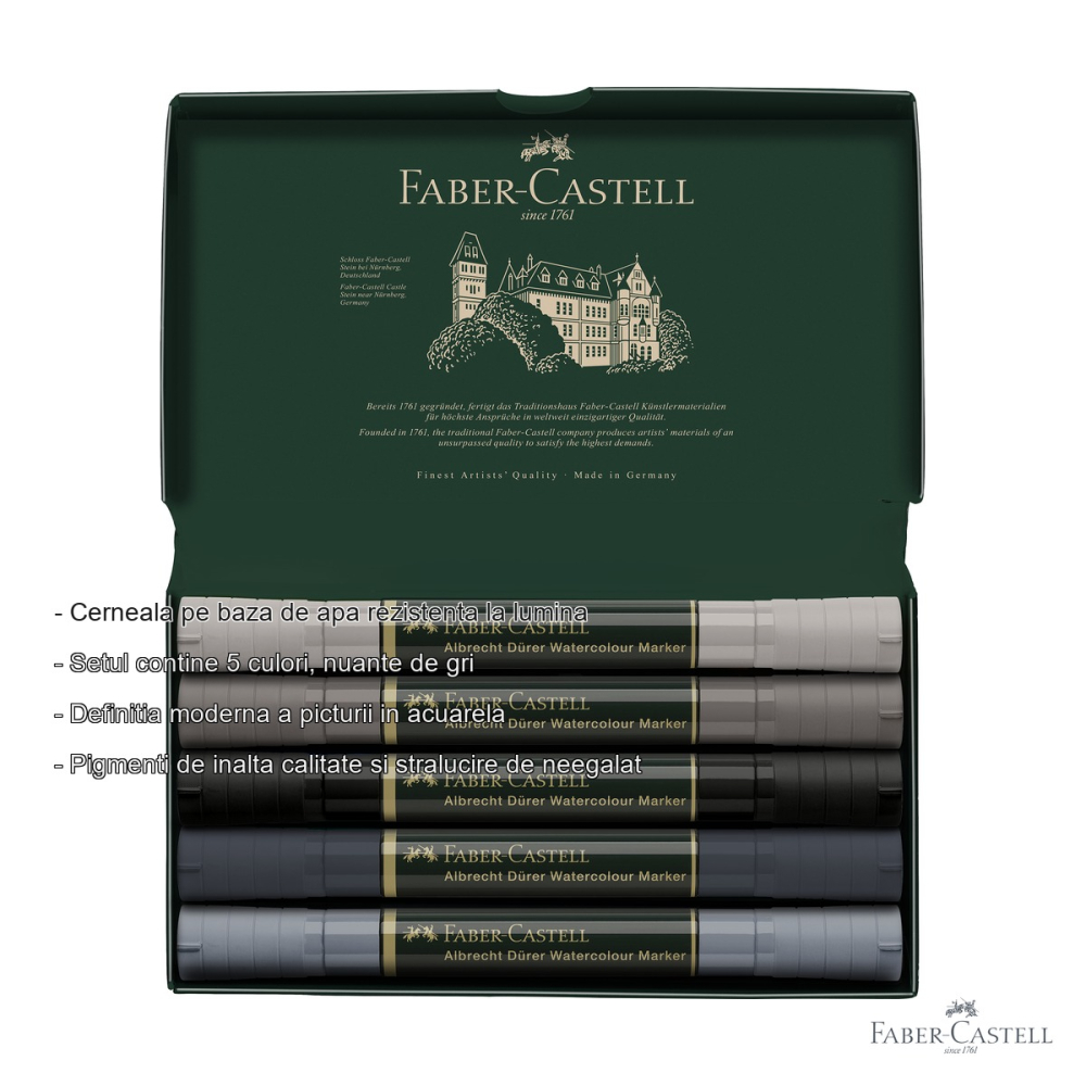 Set 5 markere solubile tonuri de gri Faber-Castell A.Durer, varf dublu pensula si carioca, pentru acuarela si schite [2]