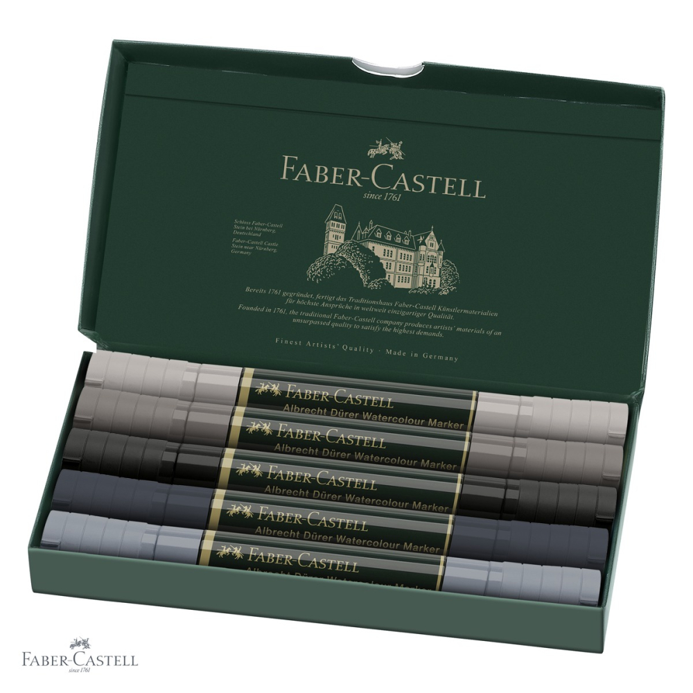 Set 5 markere solubile tonuri de gri Faber-Castell A.Durer, varf dublu pensula si carioca, pentru acuarela si schite [4]