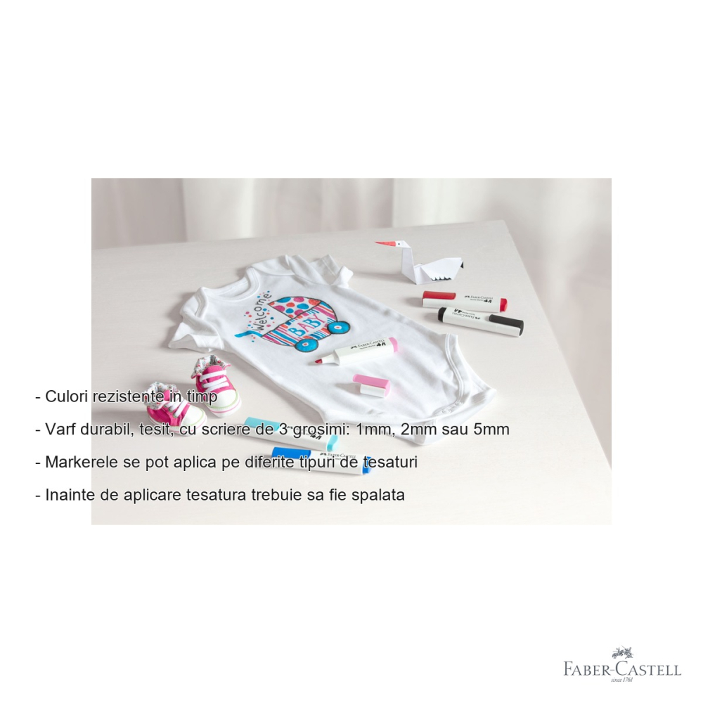 Set 5 markere textile Faber-Castell, varf tesit 3 grosimi, rosu si albastru, pentru personalizare tesaturi [2]