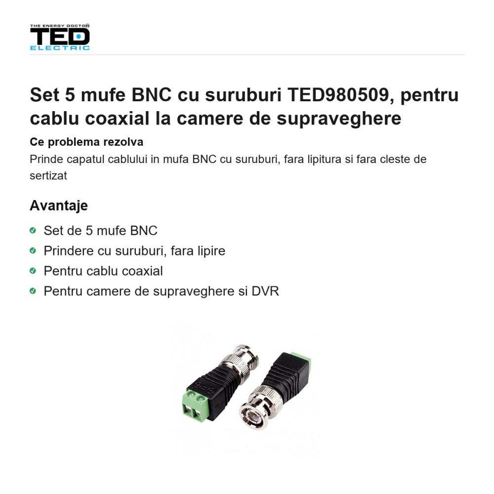 Set 5 mufe BNC cu suruburi TED980509, pentru cablu coaxial la camere de supraveghere [2]