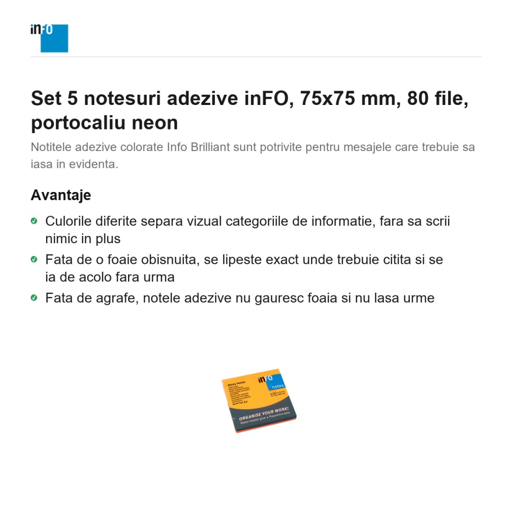 Set 5 notesuri adezive inFO, 75x75 mm, 80 file, portocaliu neon [2]