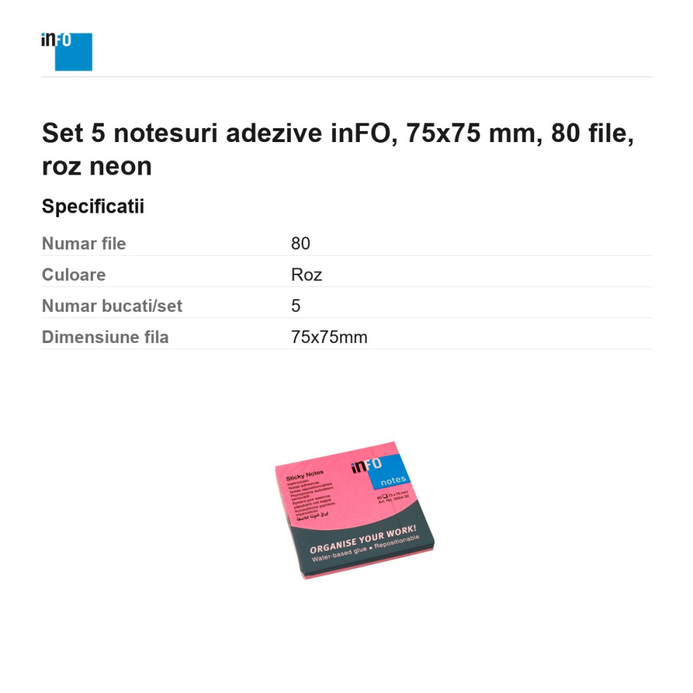 Set 5 notesuri adezive inFO, 75x75 mm, 80 file, roz neon [3]