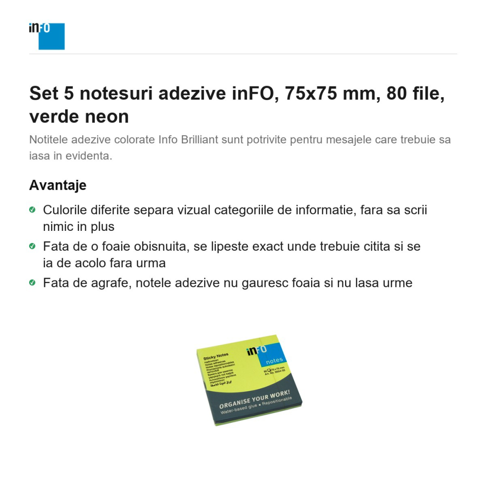 Set 5 notesuri adezive inFO, 75x75 mm, 80 file, verde neon [2]