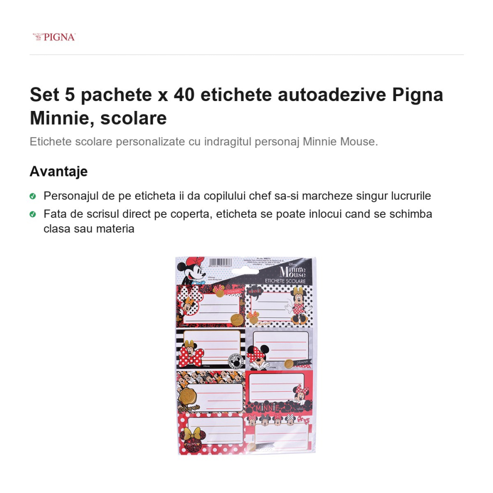 Set 5 pachete x 40 etichete autoadezive Pigna Minnie, scolare [2]