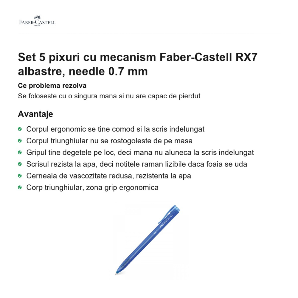 Set 5 pixuri cu mecanism Faber-Castell RX7 albastre, needle 0.7 mm [2]