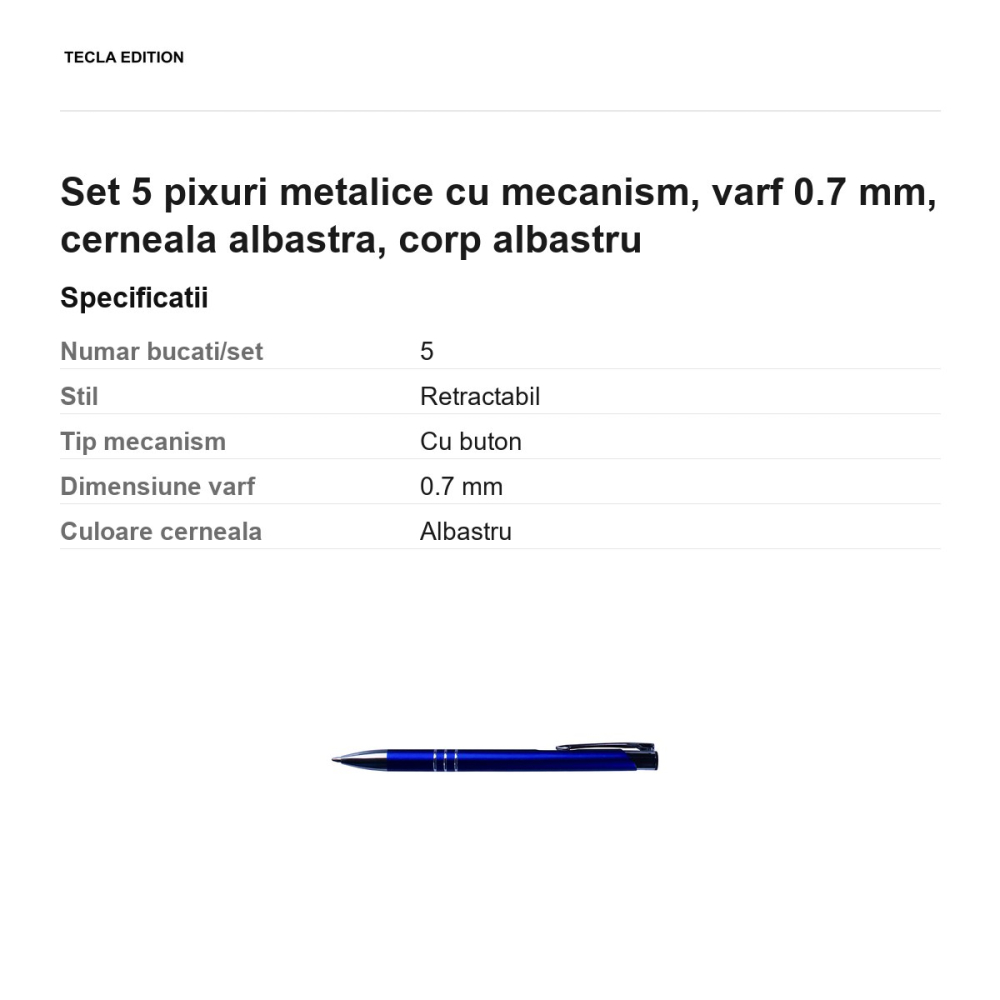 Set 5 pixuri metalice cu mecanism, varf 0.7 mm, cerneala albastra, corp albastru [3]