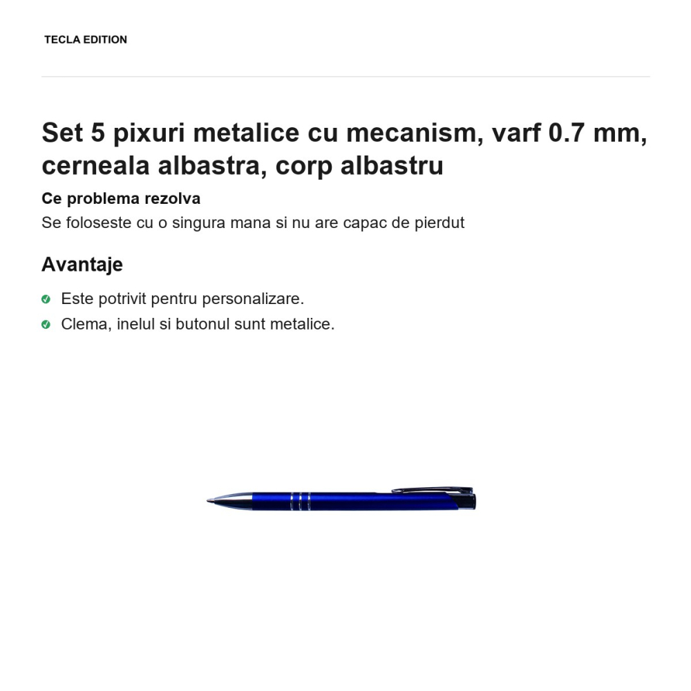 Set 5 pixuri metalice cu mecanism, varf 0.7 mm, cerneala albastra, corp albastru [2]